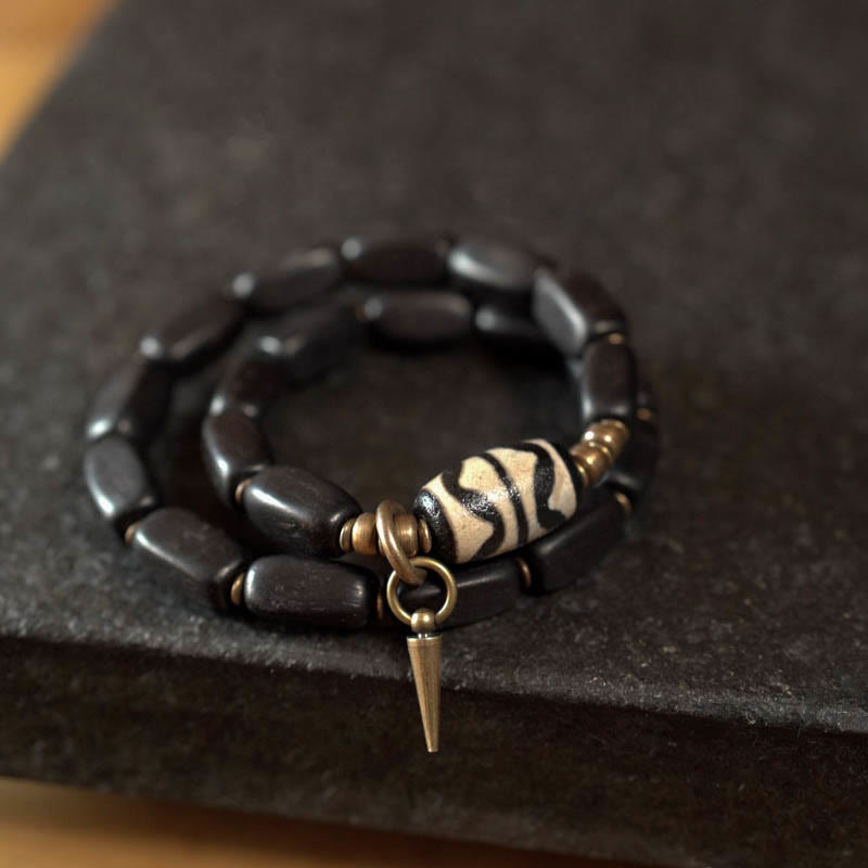 Nimara Ritual Tibet Ebony Wood Dzi Bead Copper Balance Double Wrap Bracelet
