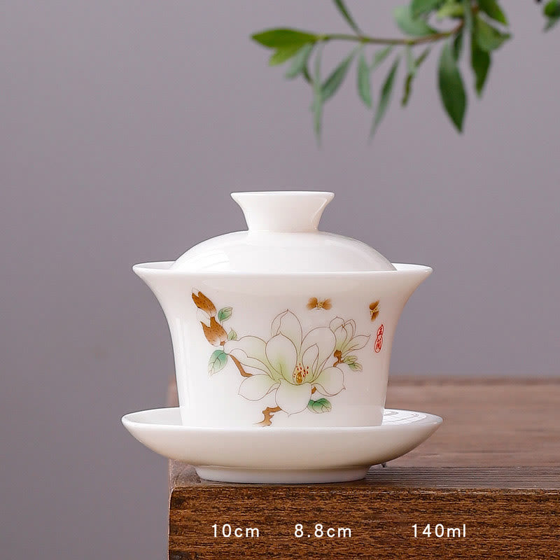 Nimara Ritual White Porcelain Mountain Landscape Countryside Ceramic Gaiwan Teacup Kung Fu Tea Cup And Saucer With Lid