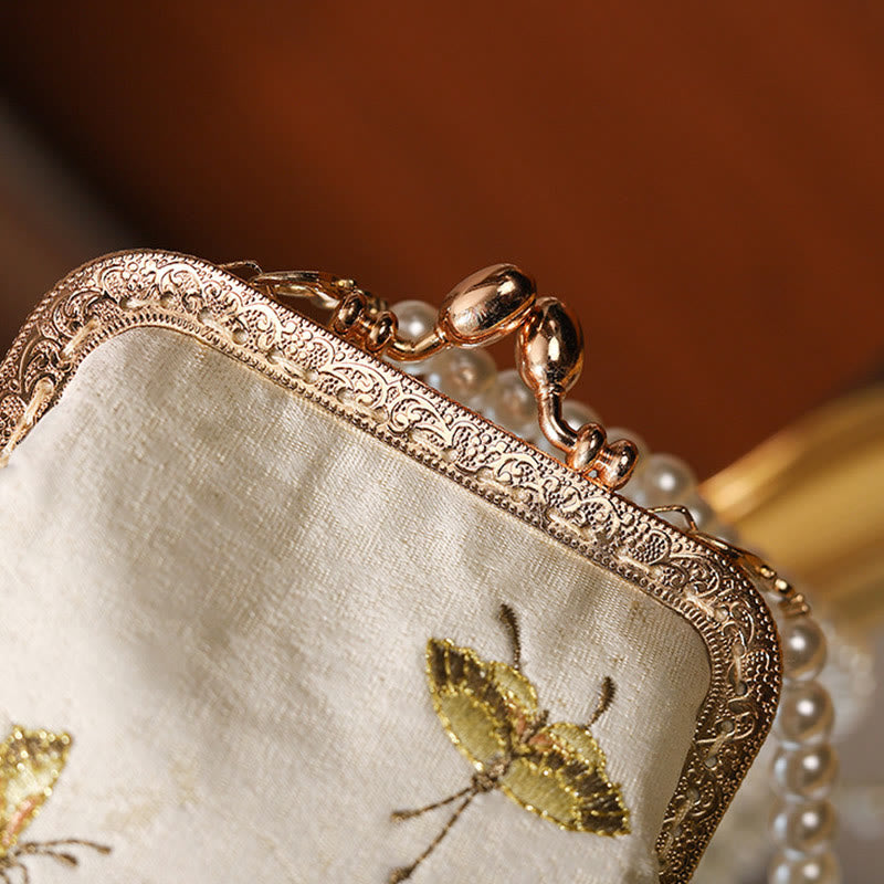 Nimara Ritual Small Flowers Butterfly Embroidered Pearl Metal Chain Shoulder Bag Crossbody Handbag Cellphone Bag