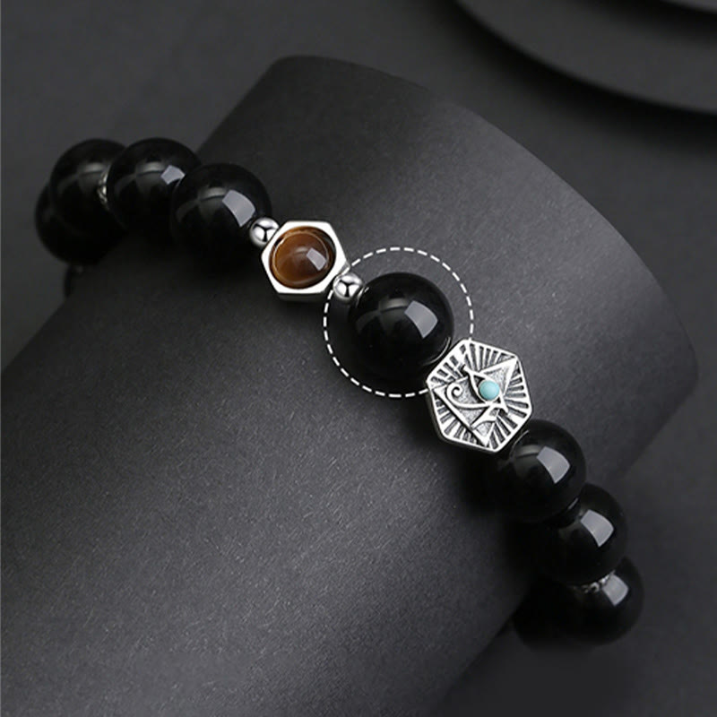 Nimara Ritual 925 Sterling Silver Black Obsidian Tiger Eye Eye of Providence Purification Bracelet