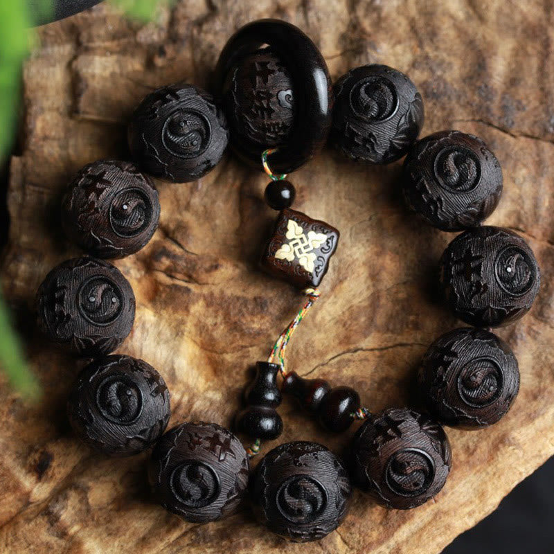 Nimara Ritual Ebony Wood Chinese Character Yin Yang Engraved Gourd Balance Bracelet