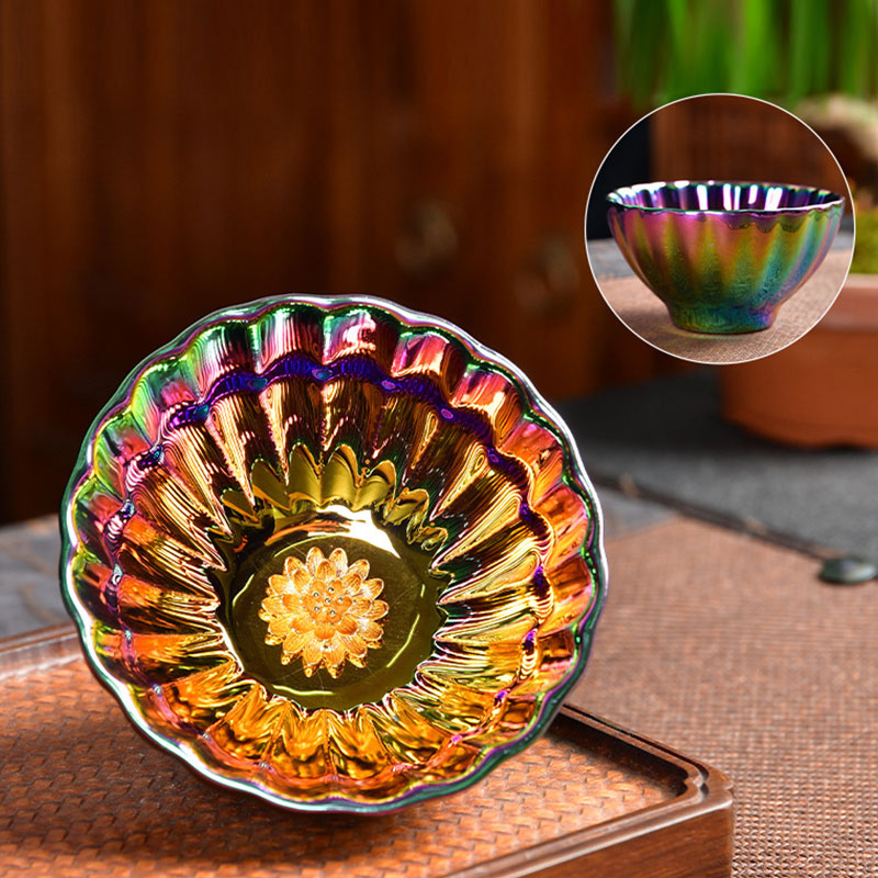 Nimara Ritual Lotus Peacock Inlaid Multicolored Chinese Jianzhan Ceramic Teacup Kung Fu Tea Cup