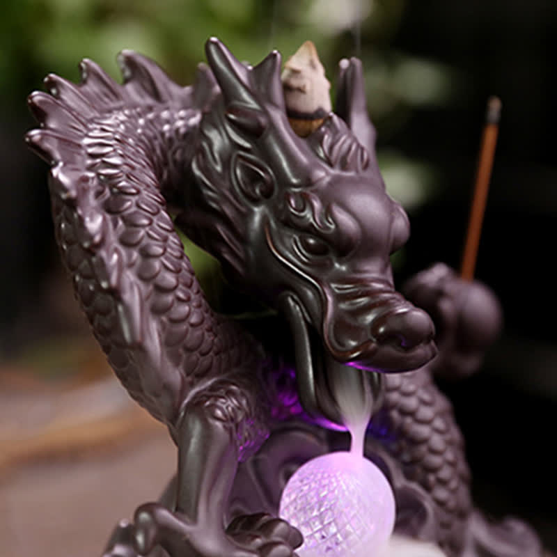 Nimara Ritual Auspicious Dragon Ceramic Backflow Smoke Fountain Meditation Healing Incense Burner Led Ball Decoration