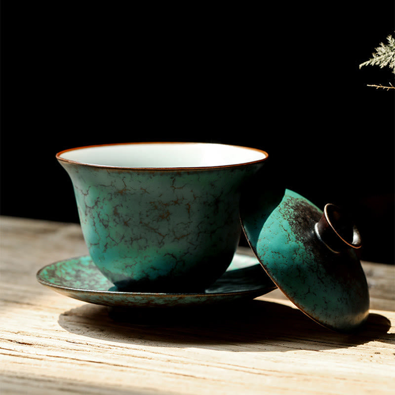 Nimara Ritual Retro Green Glaze Ceramic Gaiwan Sancai Teacup Kung Fu Tea Cup And Saucer With Lid