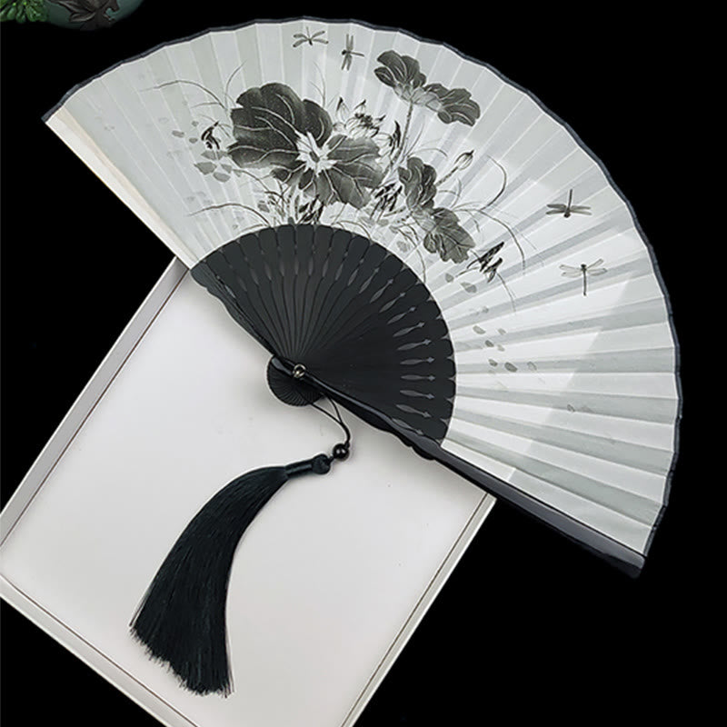 Nimara Ritual Vintage Bamboo Peony Butterfly Lotus Handheld Silk Folding Fan With Bamboo Frames