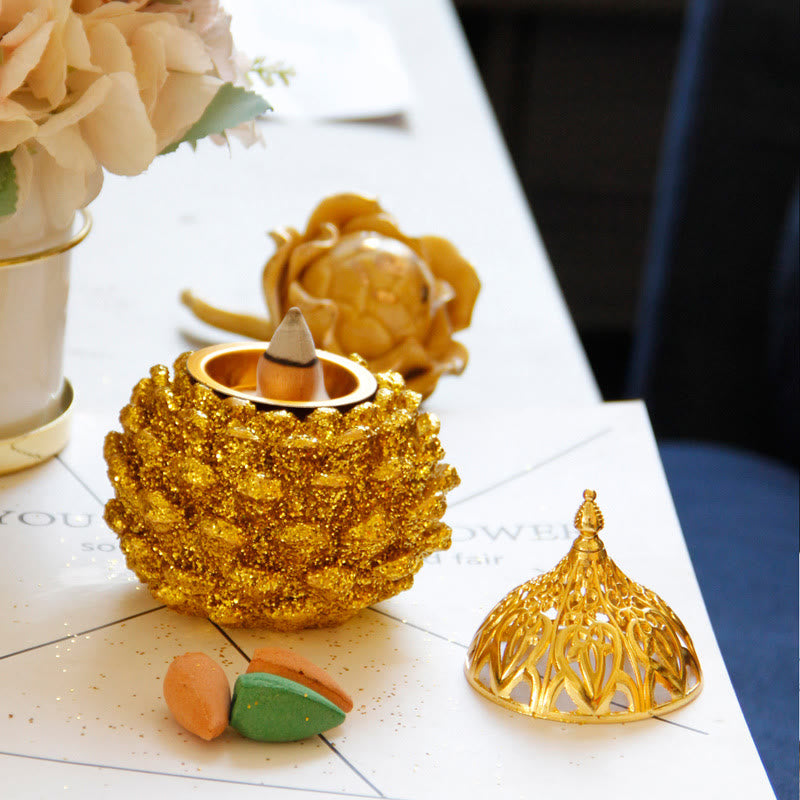 Nimara Ritual Gold Pine Cone Pattern Spiritual Rituals Mini Incense Burner Home Tabletop Decor