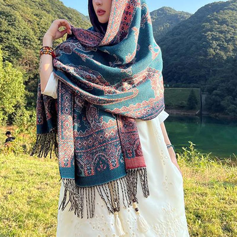 Nimara Ritual Vintage Tibetan Leaves Pattern Design Shawl Cozy Travel Scarf Wrap