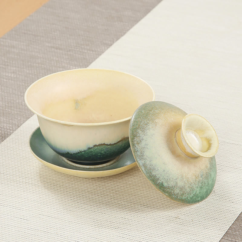 Nimara Ritual Green Ocean Waves Design Porcelain Ceramic Gaiwan Sancai Teacup Kung Fu Tea Cup And Saucer With Lid