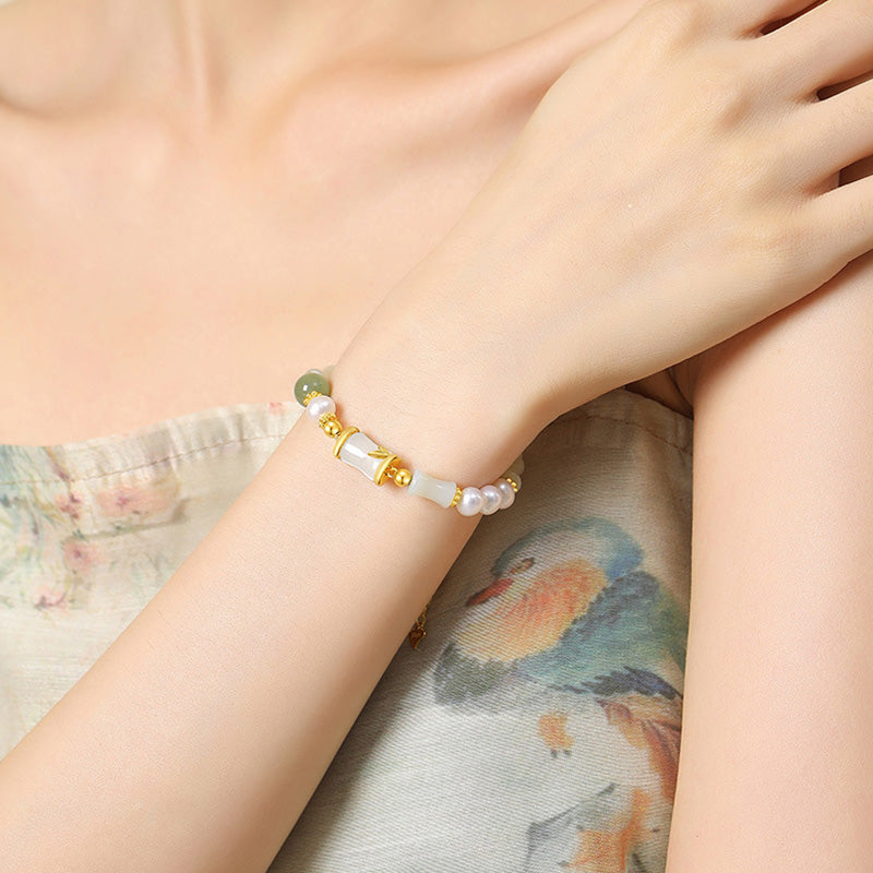Nimara Ritual 925 Sterling Silver Natural Hetian White Jade Bamboo Luck Blessing Bracelet