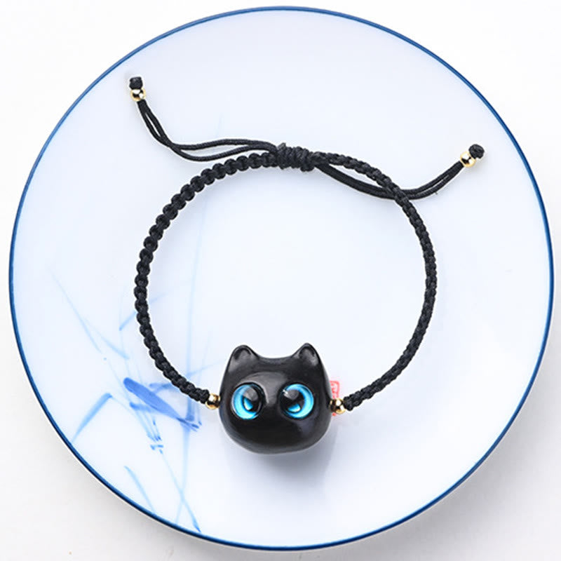 Nimara Ritual Small Leaf Red Sandalwood Ebony Wood Cute Cat Head Calm Protection Braided Bracelet