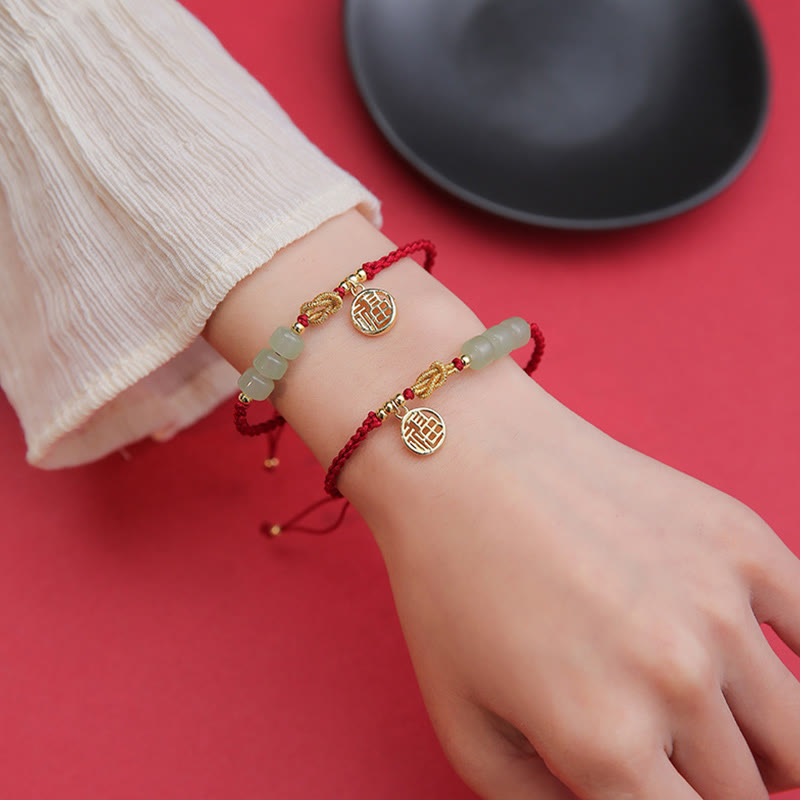 Nimara Ritual Handcrafted Jade Bead Fu Character Charm Luck Red Rope Bracelet