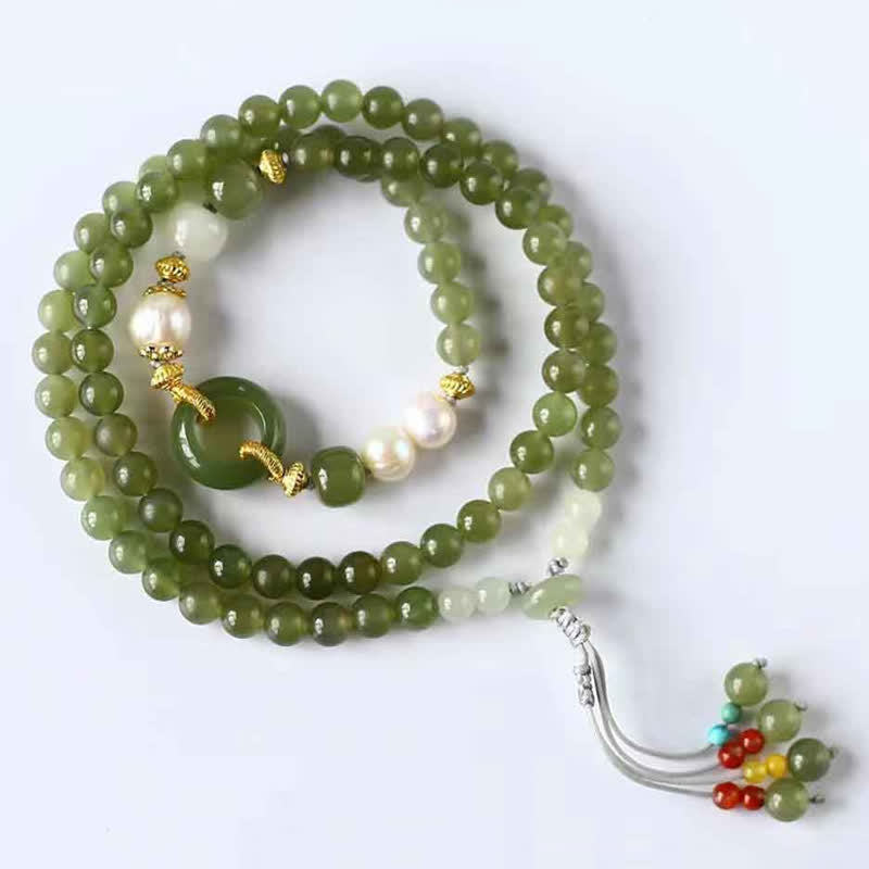 Nimara Ritual Hetian Jade Pearl Peace Buckle Luck Wealth String Bracelet
