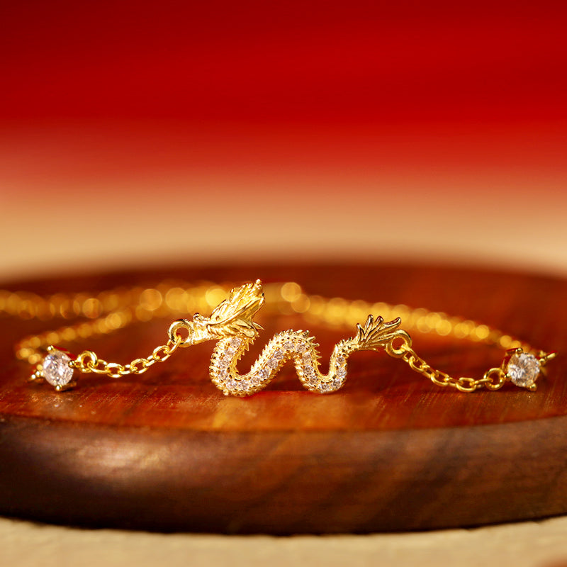Nimara Ritual 925 Sterling Silver Year Of The Dragon Auspicious Golden Dragon Luck Red Rope Chain Bracelet