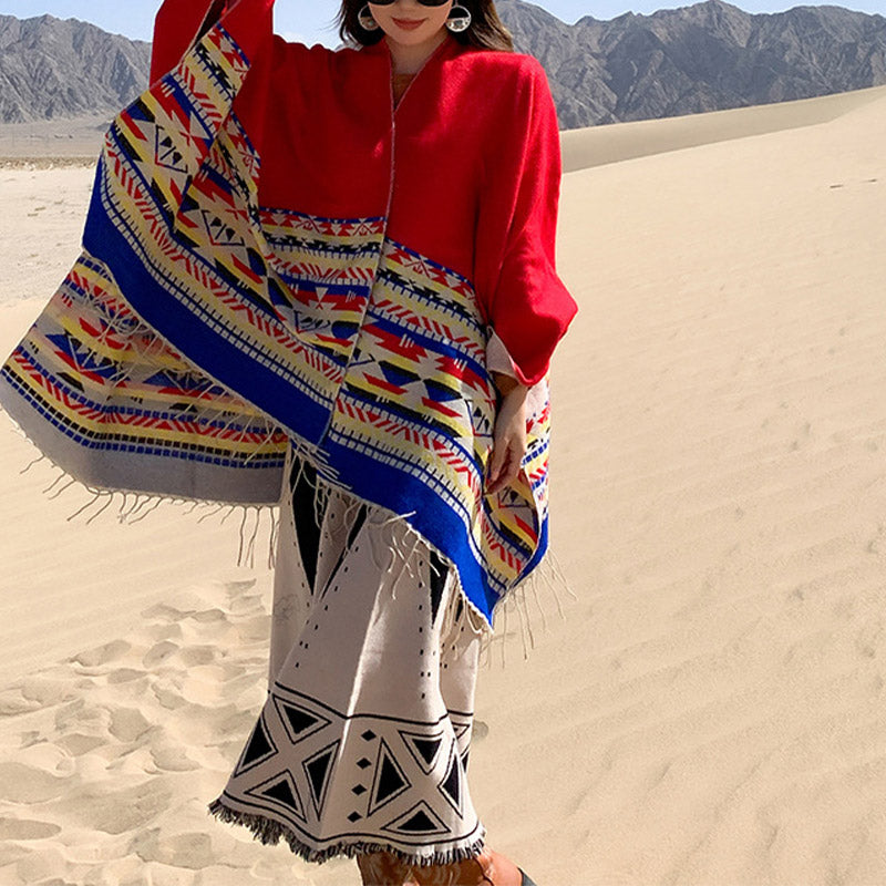 Nimara Ritual Tibetan Shawl Colorful Geometry Winter Cozy Travel Scarf Wrap