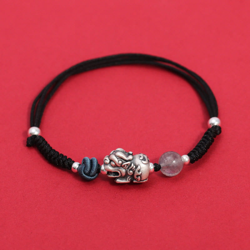 Nimara Ritual 999 Sterling Silver PiXiu Strawberry Quartz Bead Wealth Luck Braided Bracelet