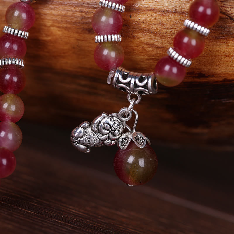 Nimara Ritual Natural Watermelon Tourmaline PiXiu Elephant Positive Triple Wrap Bracelet