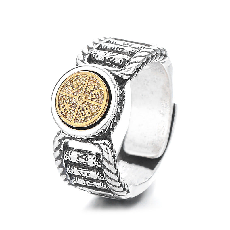 Nimara Ritual Tibetan Om Mani Padme Hum Carved Design Copper Coin Purity Rotatable Ring