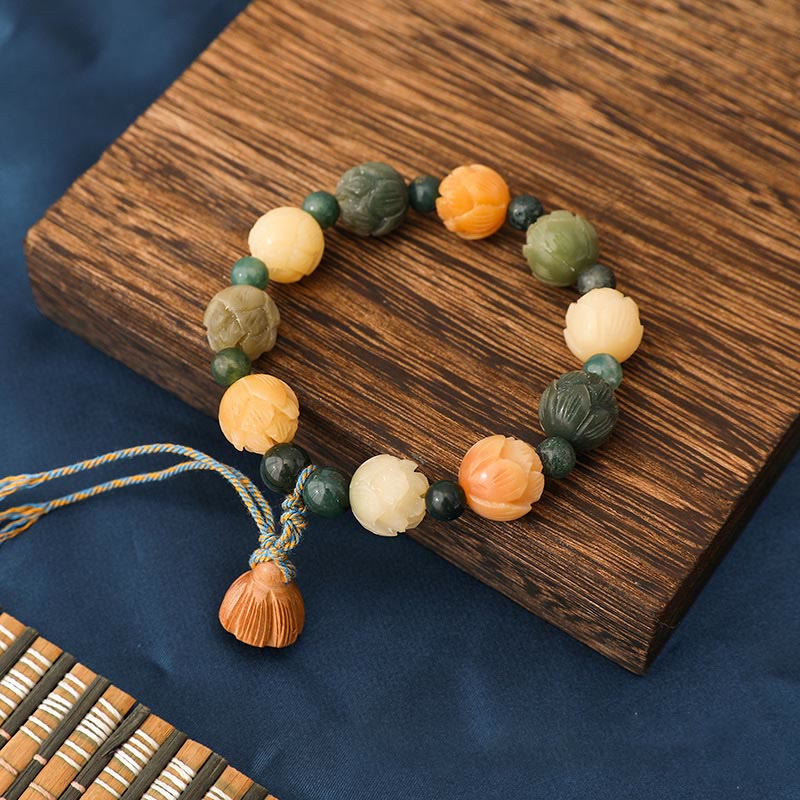 Nimara Ritual Bodhi Seed Lotus Bead Engraved Moss Agate Peace Calm Bracelet
