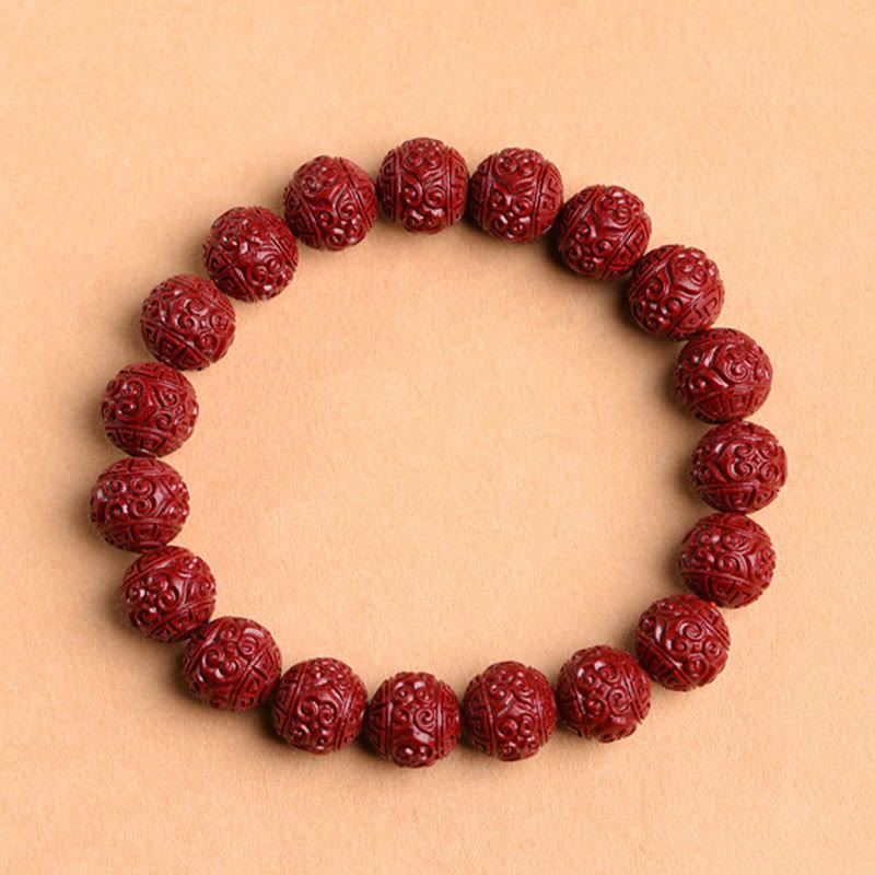 Nimara Ritual Natural Cinnabar Om Mani Padme Hum Fret Pattern Lotus Blessing Bracelet