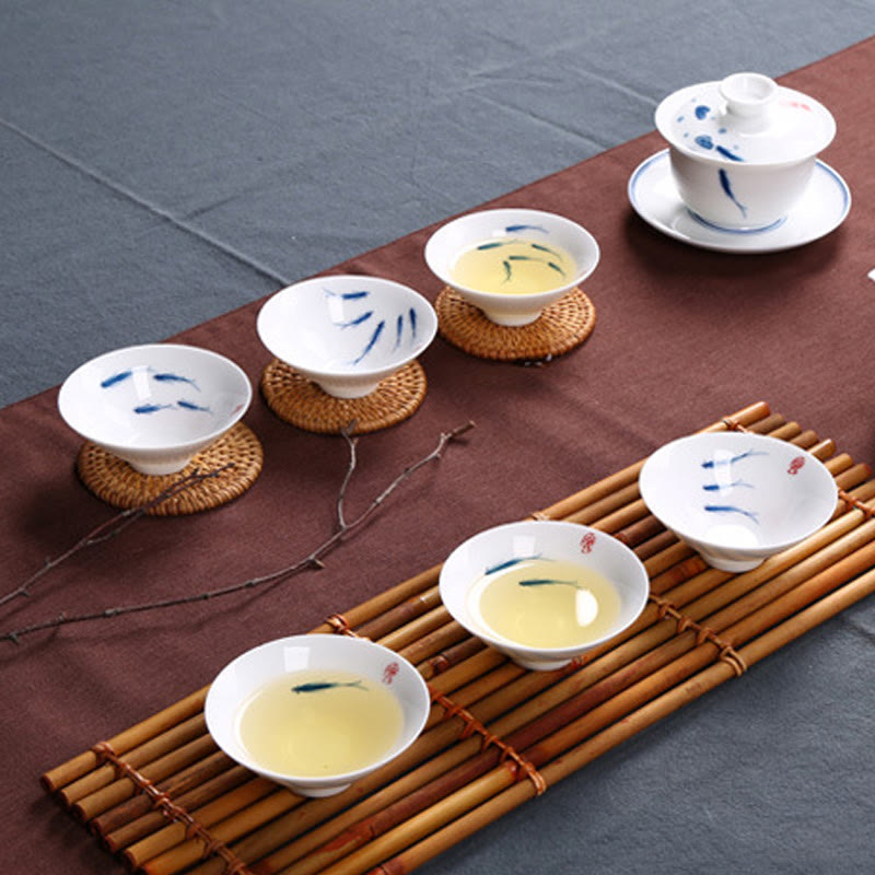Nimara Ritual Jingdezhen Blue and White Porcelain Koi Fish Ceramic Teacup Kung Fu Tea Cups