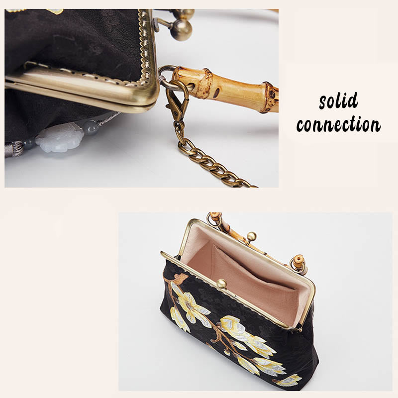 Nimara Ritual Plum Blossom Embroidery Bamboo Handle Handbag Crossbody Bag