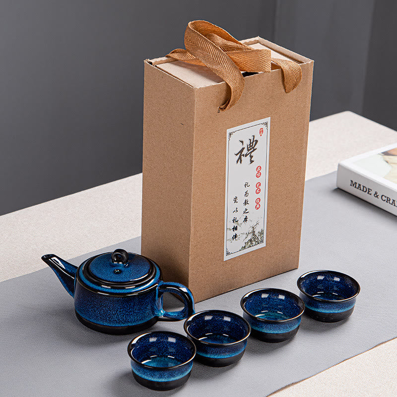 Nimara Ritual Blue Gradient Color Chinese Gongfu Tea Ceramic Teapot Portable Gift Bag Box Set
