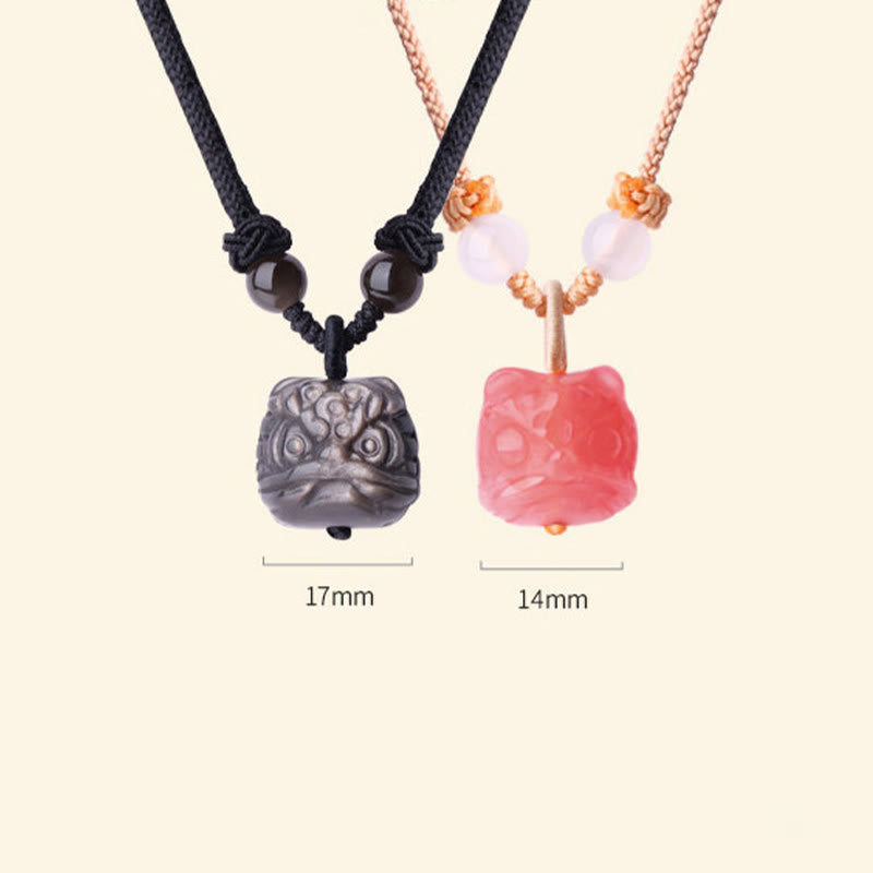 Nimara Ritual Natural Silver Sheen Obsidian Red Agate Dancing Lion Protection Necklace Pendant