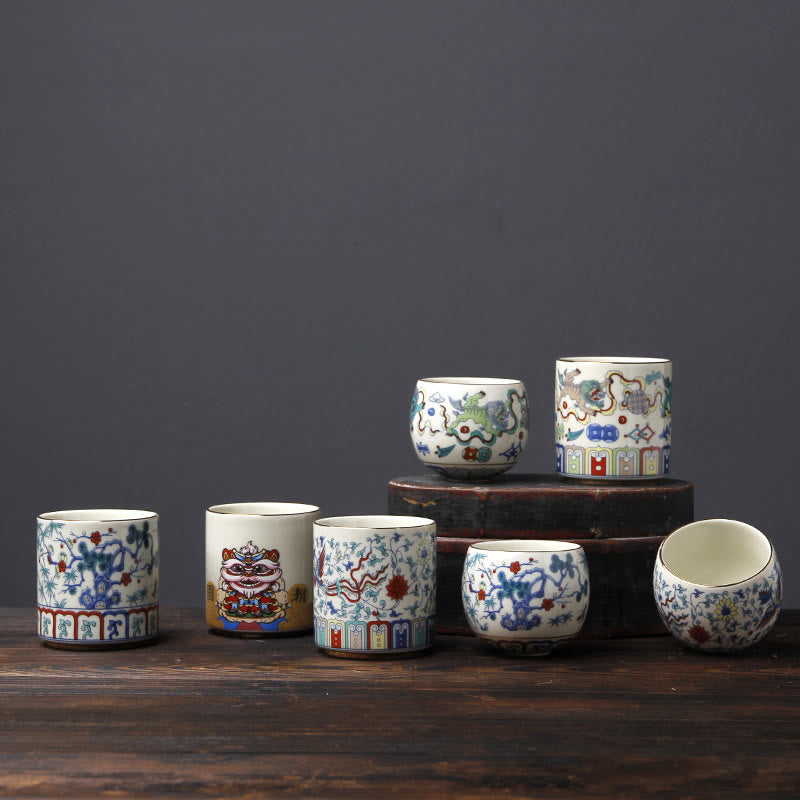 Nimara Ritual Vintage Plum Blossom Pine Bamboo Phoenix Kirin Lion Dancing Ceramic Teacup Tea Cups