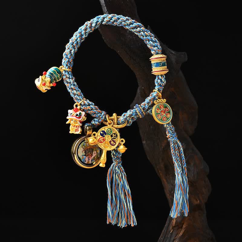 Nimara Ritual Tibetan Zakiram Goddess of Wealth Thangka Luck Prayer Wheel Braid String Bracelet