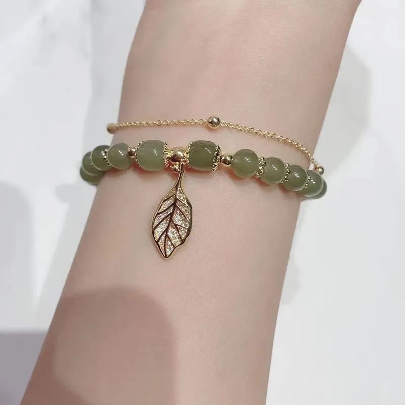 Nimara Ritual Jade Leaf Ginkgo Tulip Peanut Fu Character Luck Beaded Bracelet