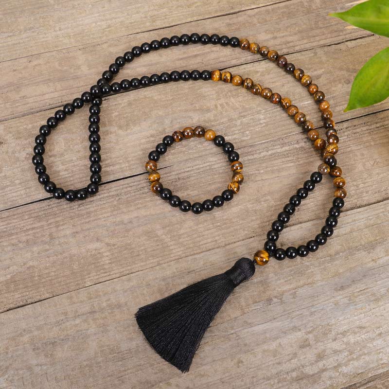 Nimara Ritual Tibetan Black Onyx Tiger Eye Protection Necklace Mala Set