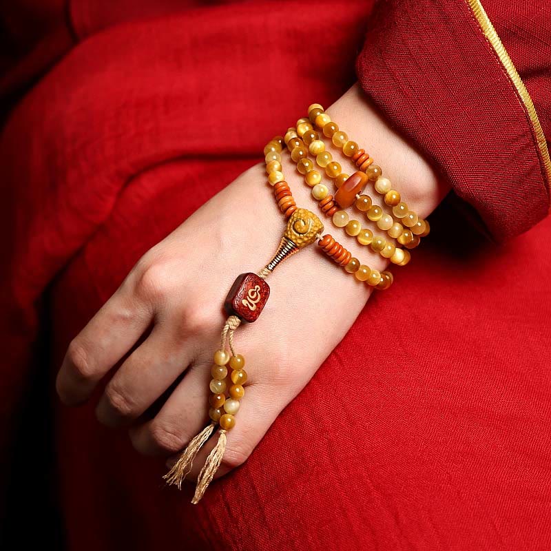 Nimara Ritual 108 Mala Beads Natural Tiger Eye Copper Dorje Protection Tassel Bracelet