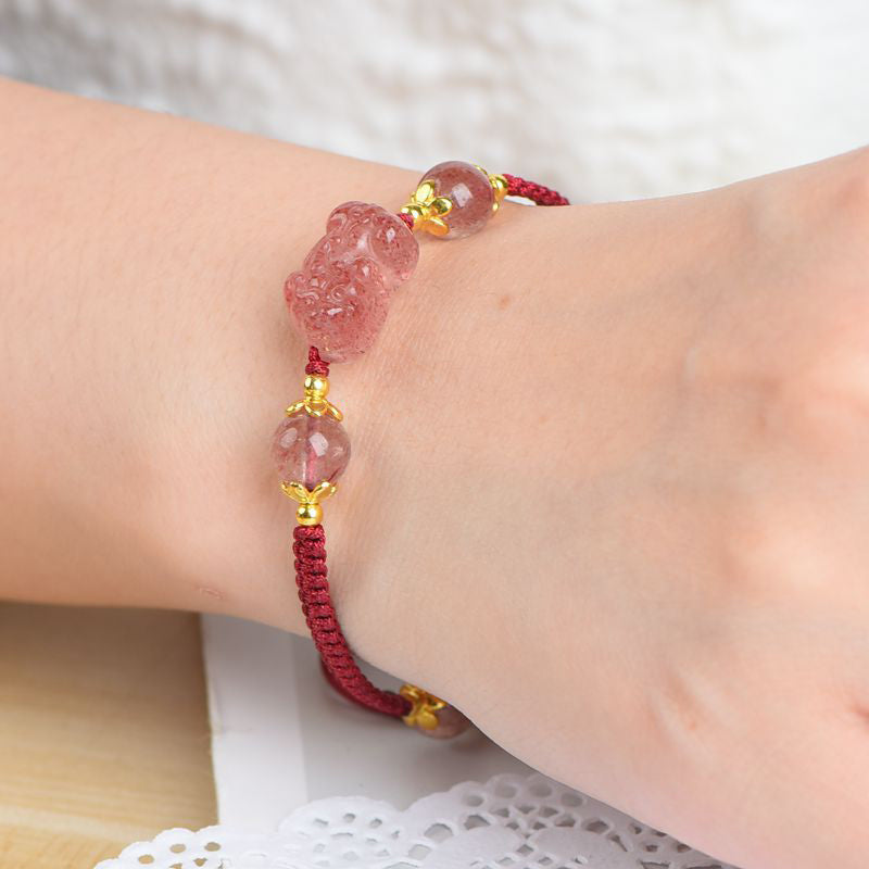 Nimara Ritual Natural Strawberry Crystal Pixiu Charm Lucky Red String Bracelet