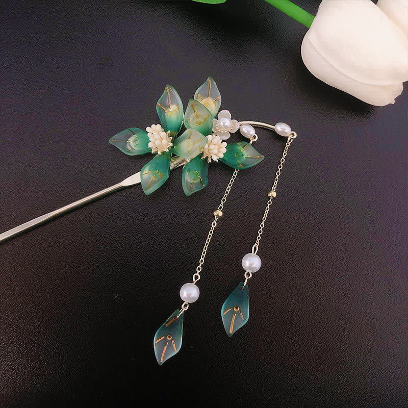 Nimara Ritual Flower Leaf Pearl Peace Tassel Hairpin