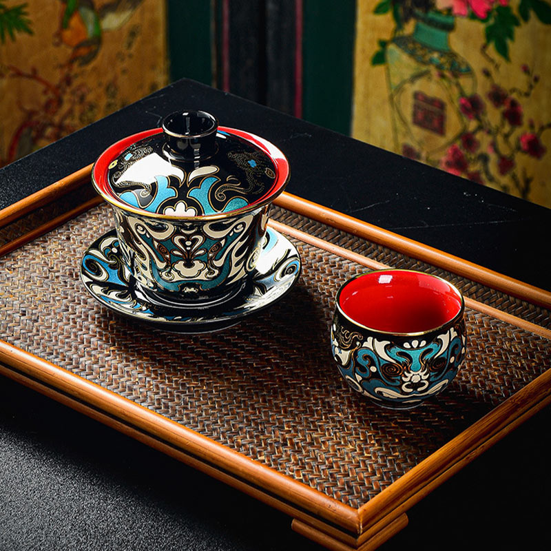 Nimara Ritual Peking Opera Mask Pattern Ceramic Gaiwan Sancai Teacup Kung Fu Tea Cup And Saucer With Lid Teapot
