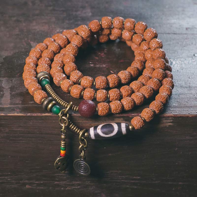 Nimara Ritual 108 Mala Rudraksha Beads Bodhi Seed Dzi Bead Luck Auspiciousness Tassel Bracelet