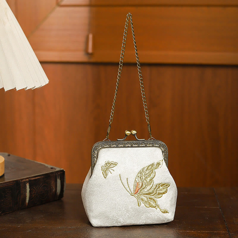 Nimara Ritual Orchids Oriental Cherry Butterfly Embroidery Metal Handle Handbag