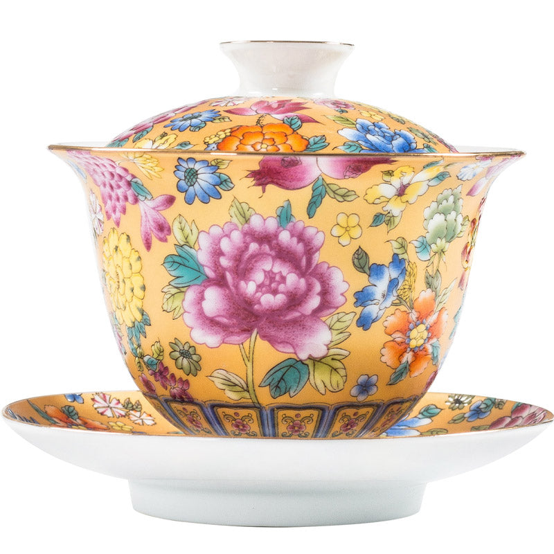 Nimara Ritual Peony Flowers Ceramic Gaiwan Sancai Teacup Kung Fu Tea Cup And Saucer With Lid