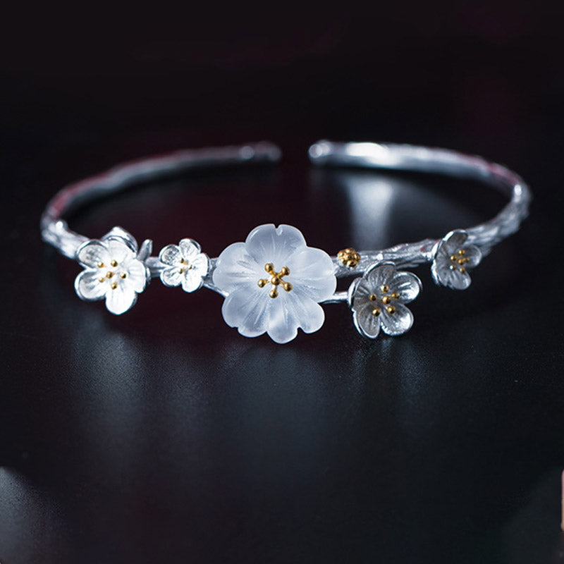 Nimara Ritual 925 Sterling Silver Plum Flower Blessing Bracelet Adjustable Bangle