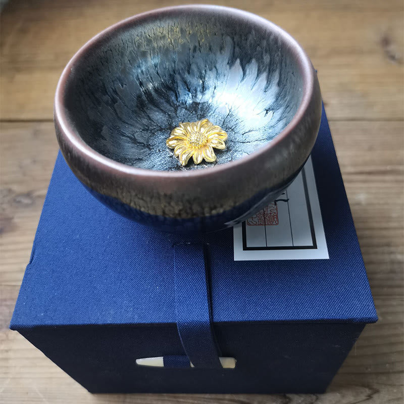 Nimara Ritual 24K Gold Inlaid Sunflower Chinese Jianzhan Glaze Kiln Change Ceramic Teacup Tenmoku Kung Fu Tea Cup