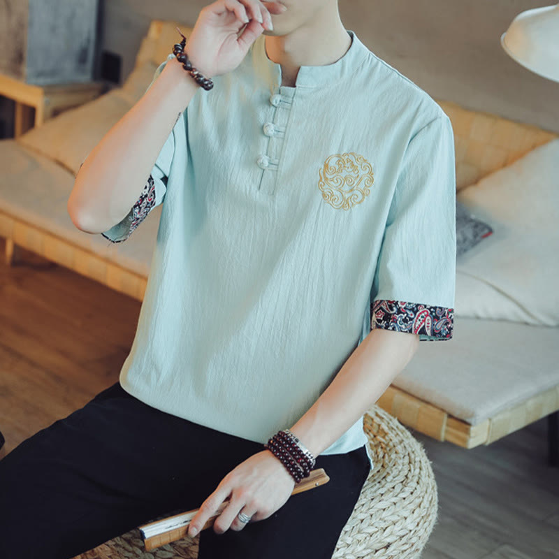 Nimara Ritual Frog-Button Dragon Embroidery Chinese Tang Suit Short Sleeve Shirt Men Clothing