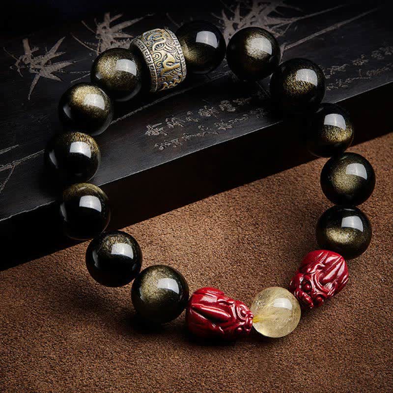 Nimara Ritual Gold Sheen Obsidian PiXiu Cinnabar Om Mani Padme Hum Protection Bracelet