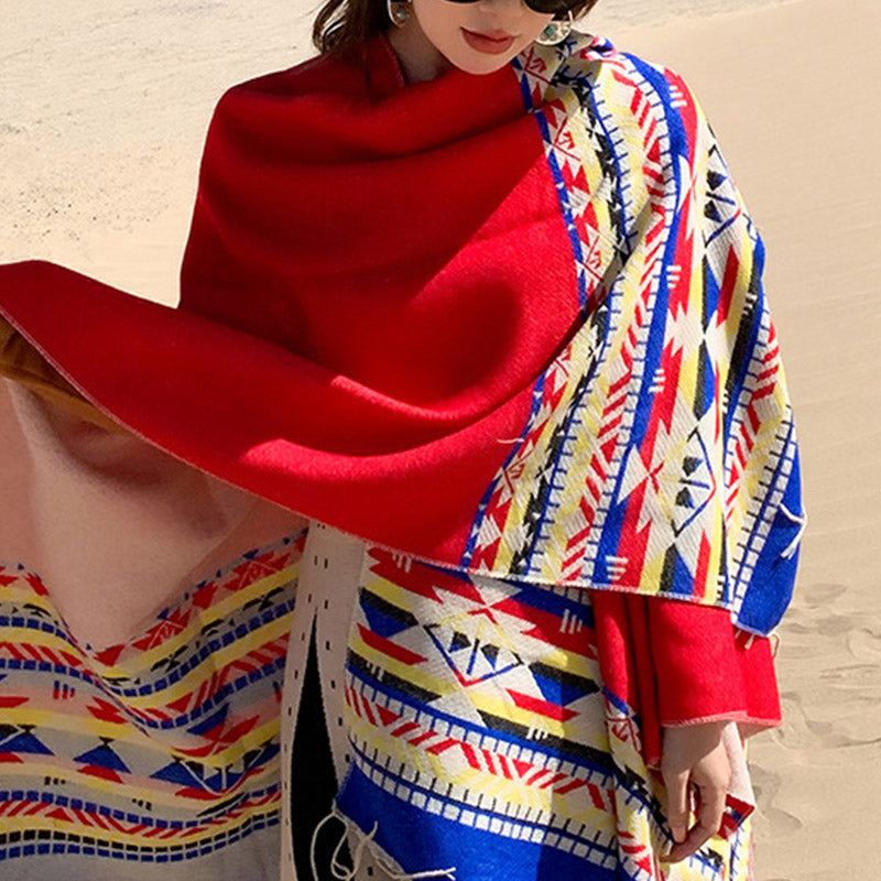 Nimara Ritual Tibetan Shawl Colorful Geometry Winter Cozy Travel Scarf Wrap