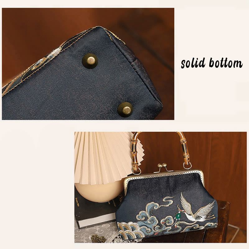 Nimara Ritual Auspicious Clouds Cranes Embroidery Bamboo Handle Handbag Crossbody Bag