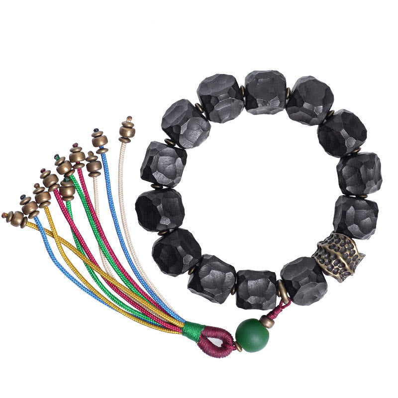 Nimara Ritual Tibet Ebony Wood Copper Peace Tassel Wrist Mala Bracelet