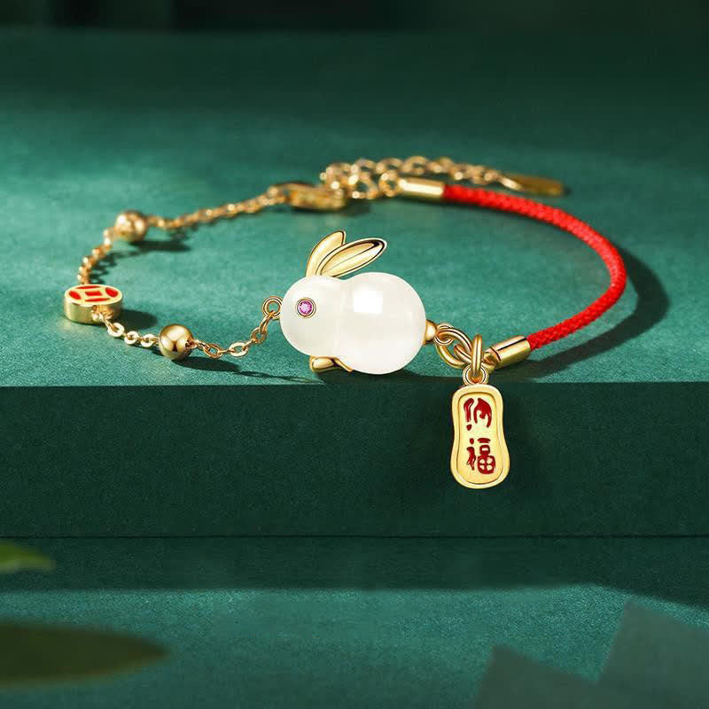 Nimara Ritual Year of the Rabbit White Jade Happiness Red String Chain Bracelet