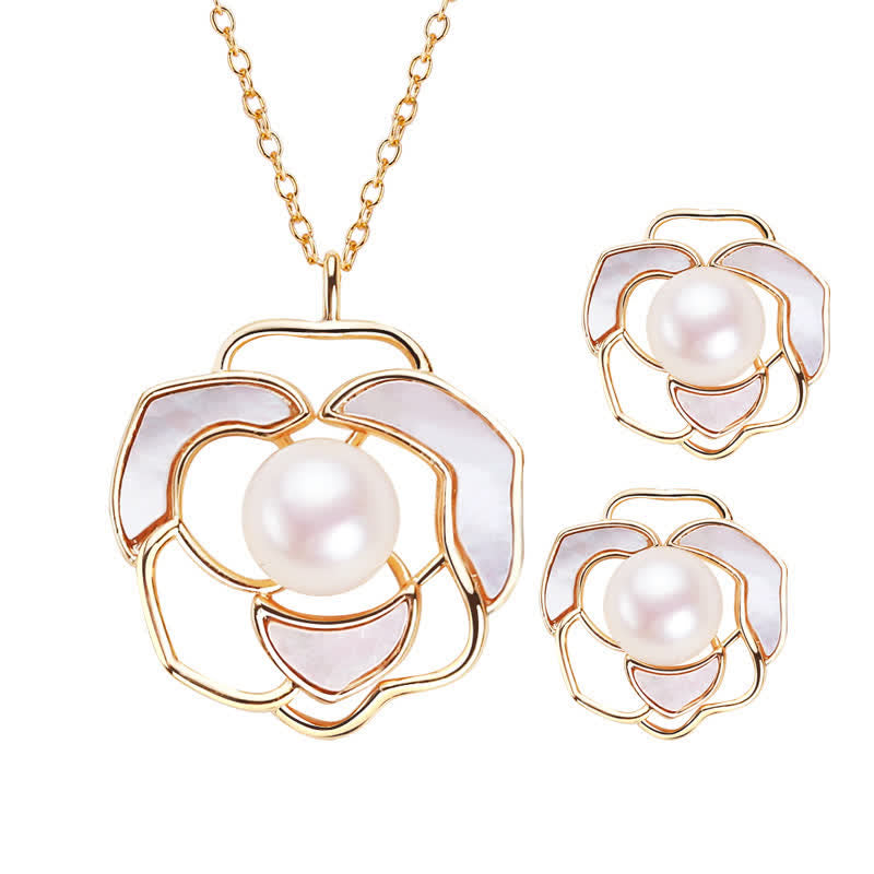 Nimara Ritual 925 Sterling Silver Pearl Camellia Pattern Happiness Necklace Pendant Earrings