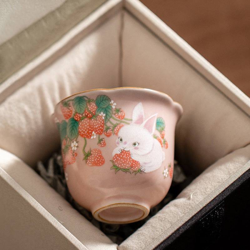 Nimara Ritual Cute Strawberry Rabbit Flower Ceramic Teacup Kung Fu Tea Cup 55ml