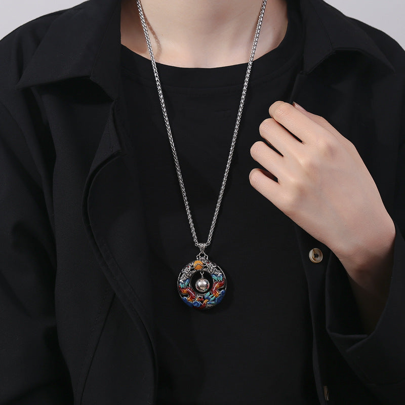 Nimara Ritual Year of the Dragon Colorful Double Dragons Playing Bead Copper Protection Necklace Pendant
