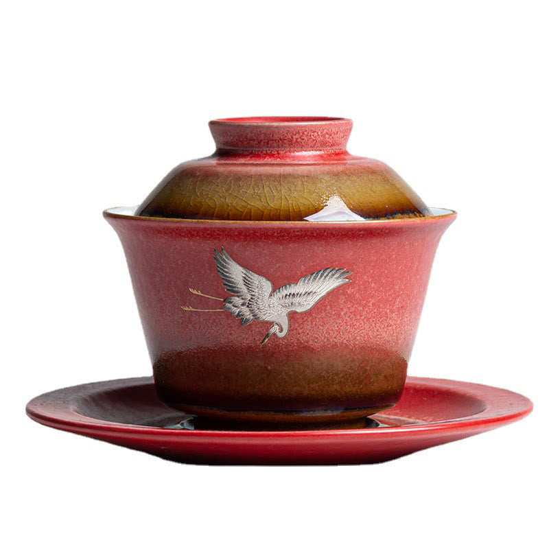 Nimara Ritual Red Auspicious Crane Ceramic Gaiwan Sancai Teacup Kung Fu Tea Cup And Saucer With Lid